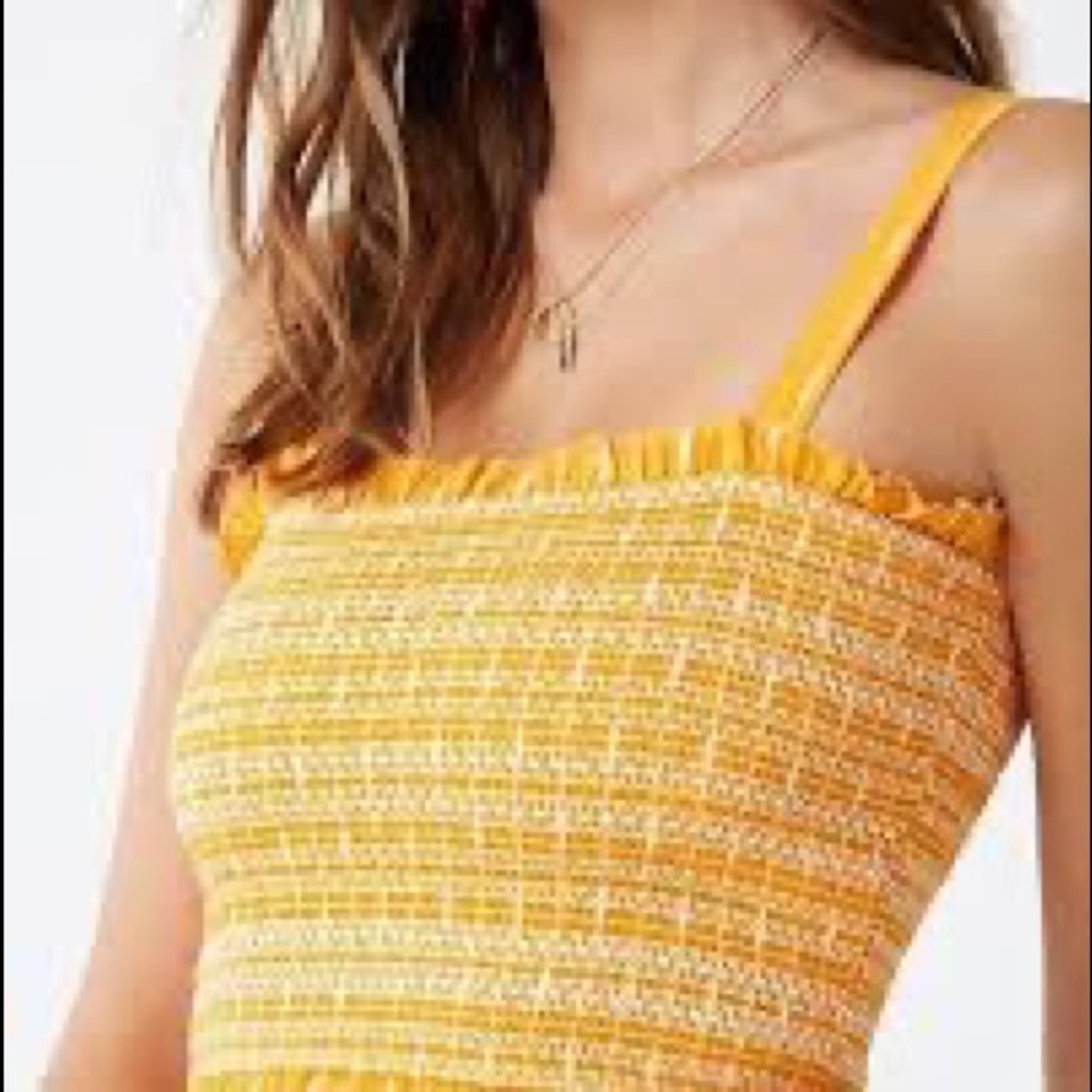 NEW Smocked Ruched Woven Cropped Tank Top Orange Yellow Embroidered